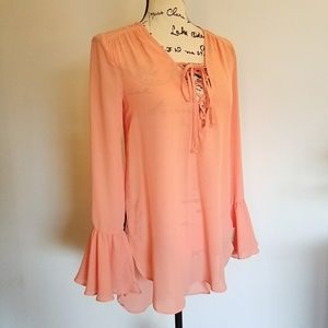 High-Low Lace-Up Bell-Sleeve Chiffon Blouse